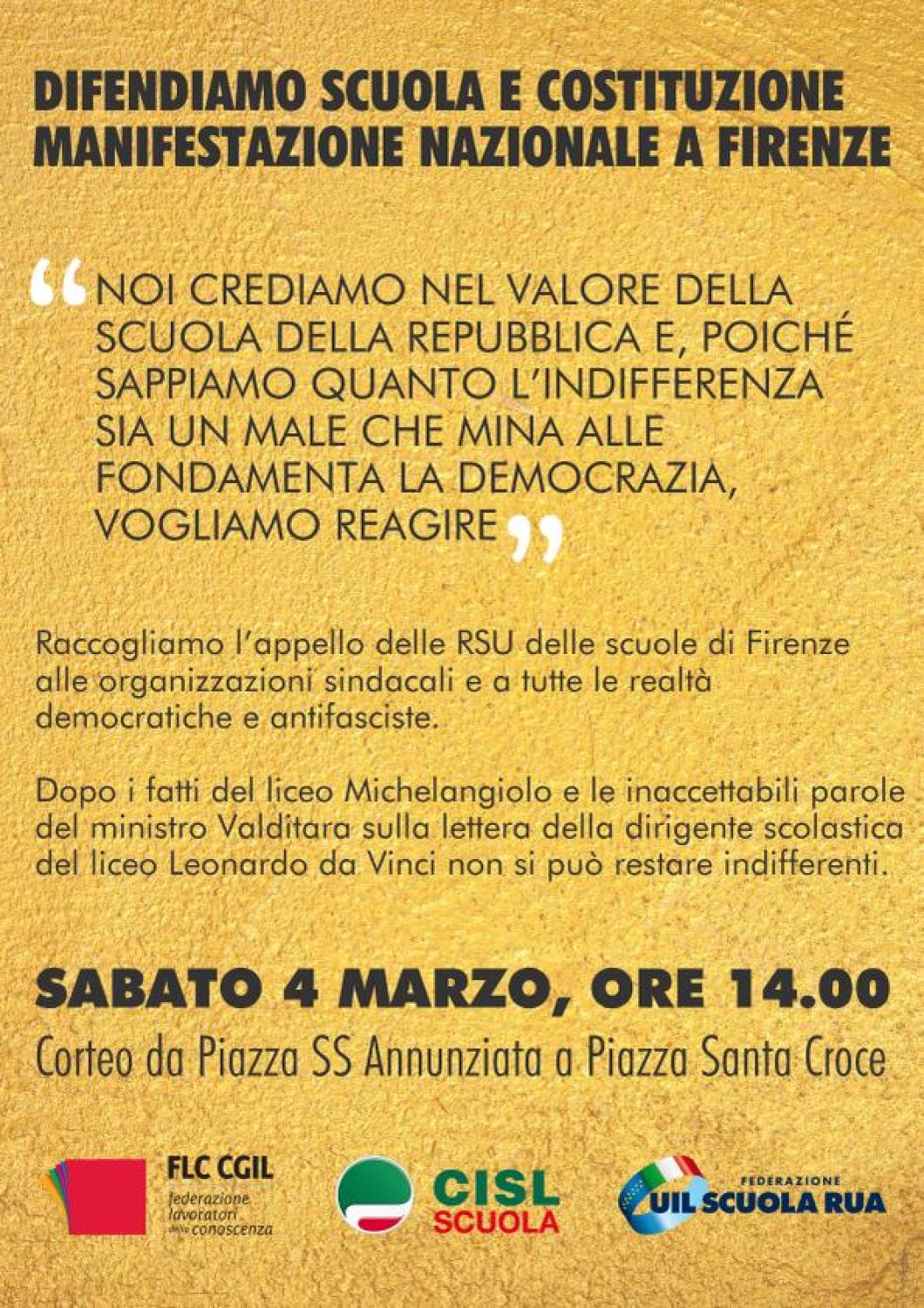 Manifestazione unitaria sabato 4 marzo a Firenze